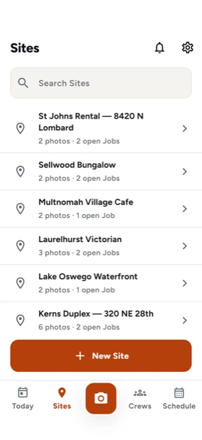 The Crewsome Sites list, showing twelve properties with photo and job counts