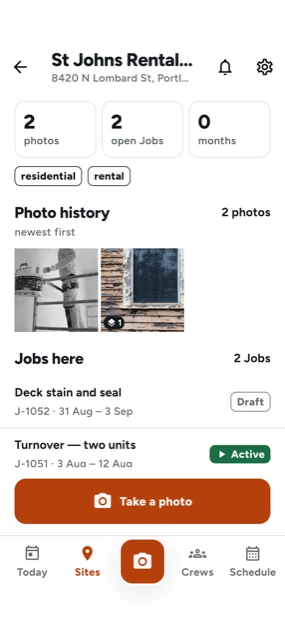 A Crewsome Site detail screen, showing one property with its photo album and open jobs