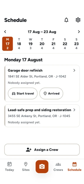 The Crewsome schedule screen, showing a week of assignments across jobs