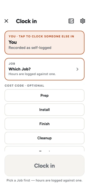 The Crewsome clock screen, showing a running timer against a job and cost code
